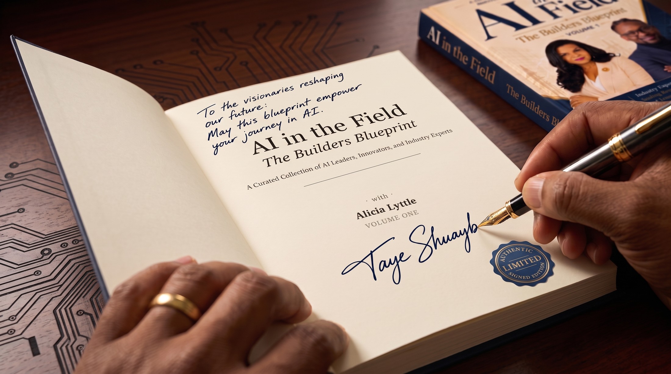 A personalized signed copy of AI in the Field: The Builders Blueprint being inscribed by Taye Shuayb.